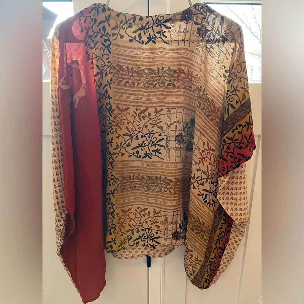 Kantha Bae v-neck blouse tunic mini Muu cream tan burnt orange rare One Size - Picture 2 of 6